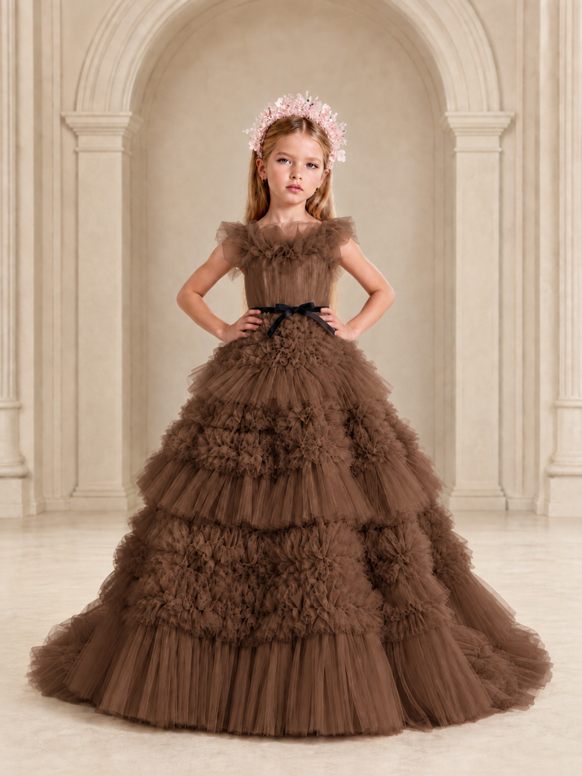 BOLODOO Brown Tiered Tulle Flower Girl Dress with Floral Appliques - Brown - Brown_3