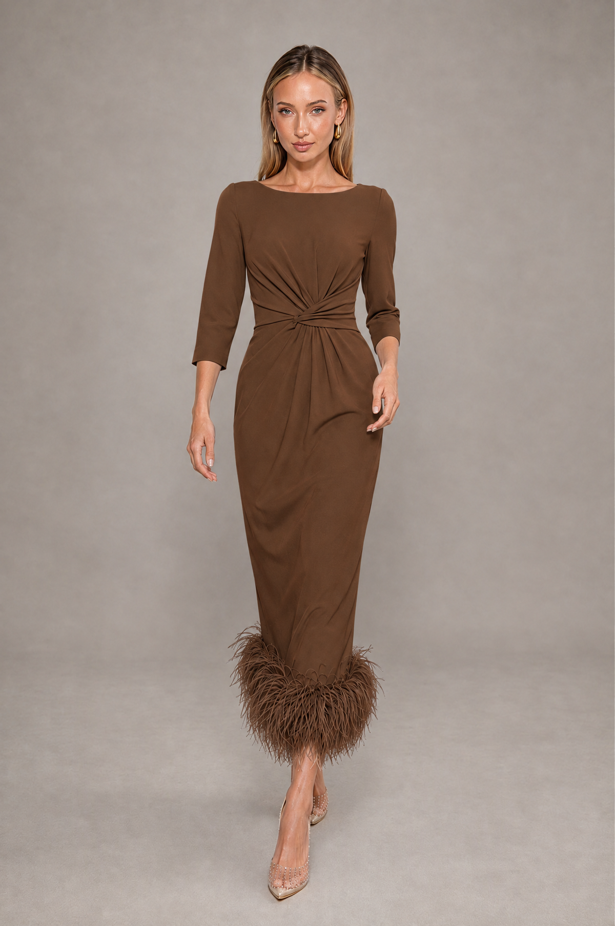BOLODOO Brown Feather-Trim Twist-Waist Midi Dress - Brown - Brown_3