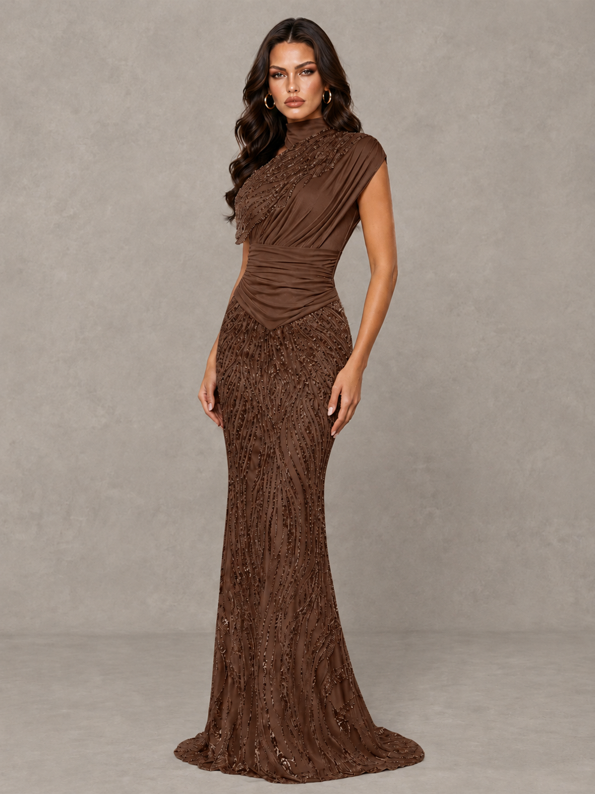 BOLODOO Brown High Neck Draped Sequin Mermaid Evening Gown - Brown - Brown_3