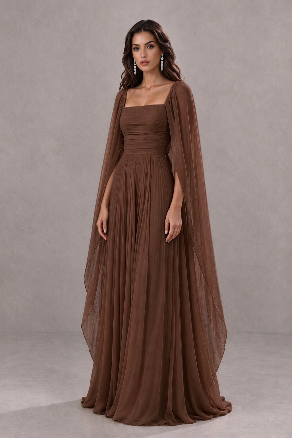 BOLODOO Brown Square Neck Cape Sleeve A-Line Evening Dress - Brown - Brown_3