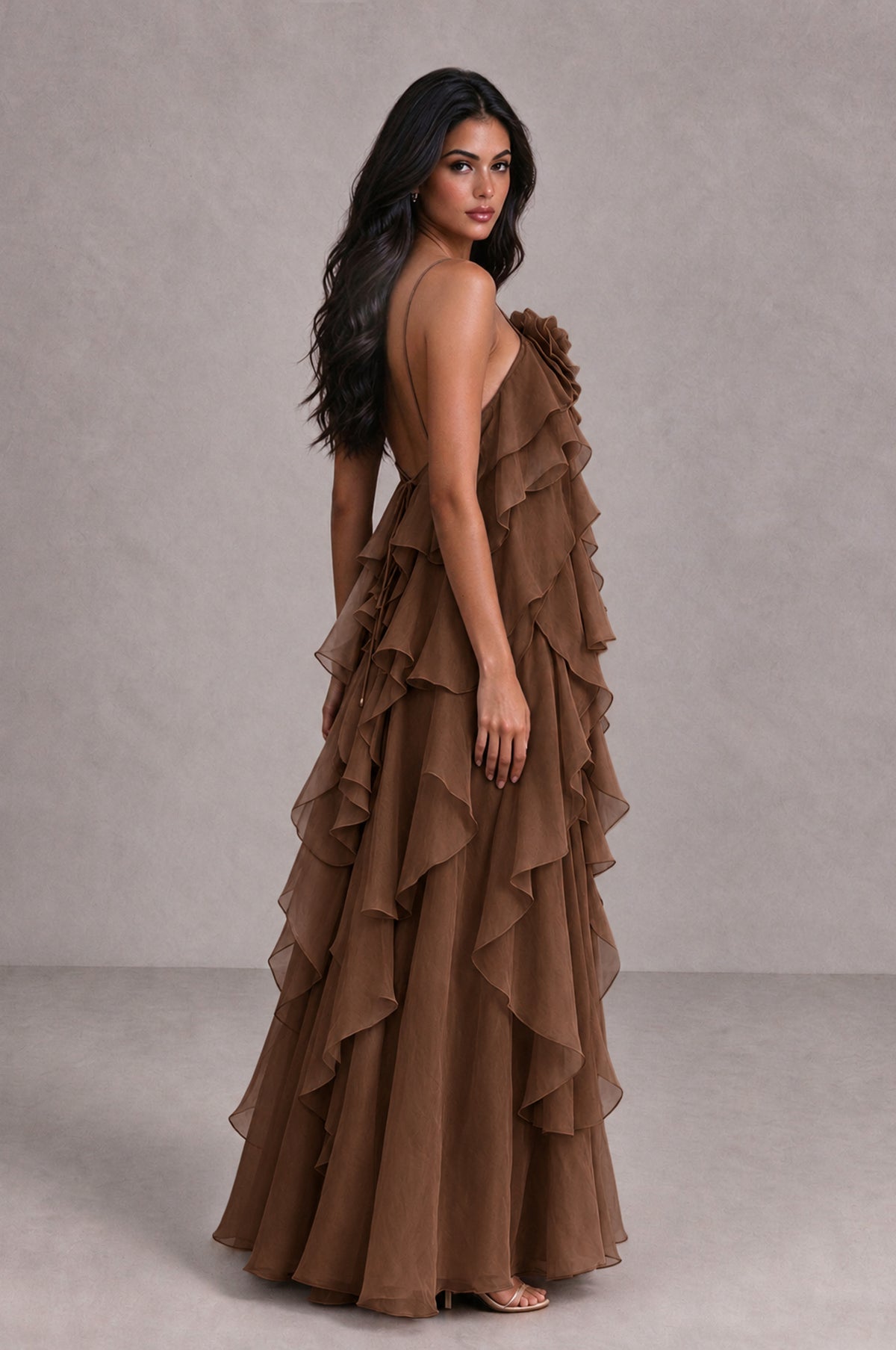 BOLODOO Brown Cascading Ruffle Rosette Open-Back Maxi Dress - Brown - Brown_3