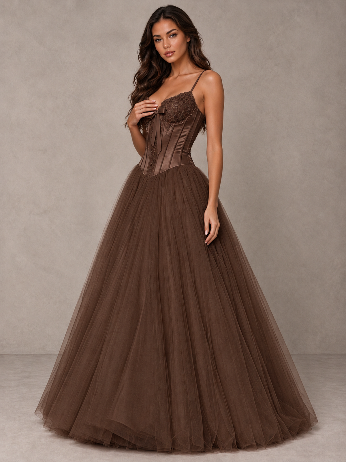 BOLODOO Brown Corset Tulle Prom Dress with Spaghetti Straps - Brown - Brown_3