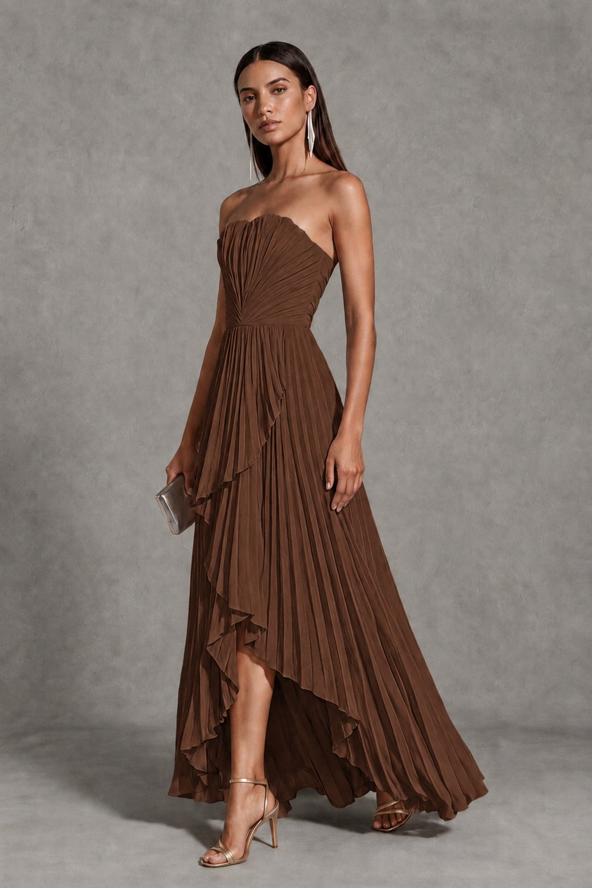 Brown Strapless Pleated High-Low Evening Gown with Ruffle Hem - Brown - Brown_3