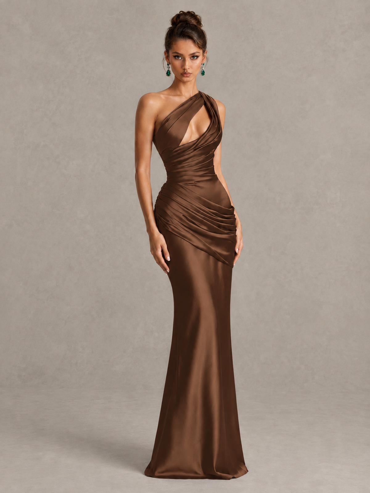 BOLODOO Brown One-Shoulder Cutout Satin Mermaid Prom Dress - Brown - Brown_3