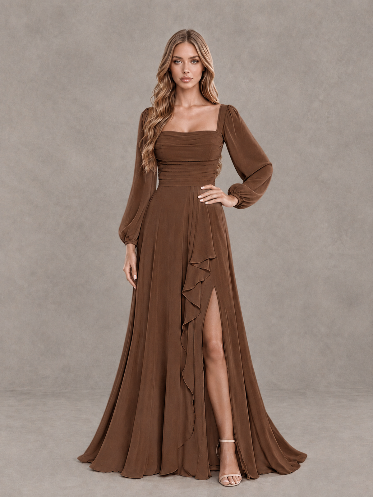 BOLODOO Brown Square Neck Long Sleeve Bridesmaid Dress with Ruffle Slit - Brown - Brown_3