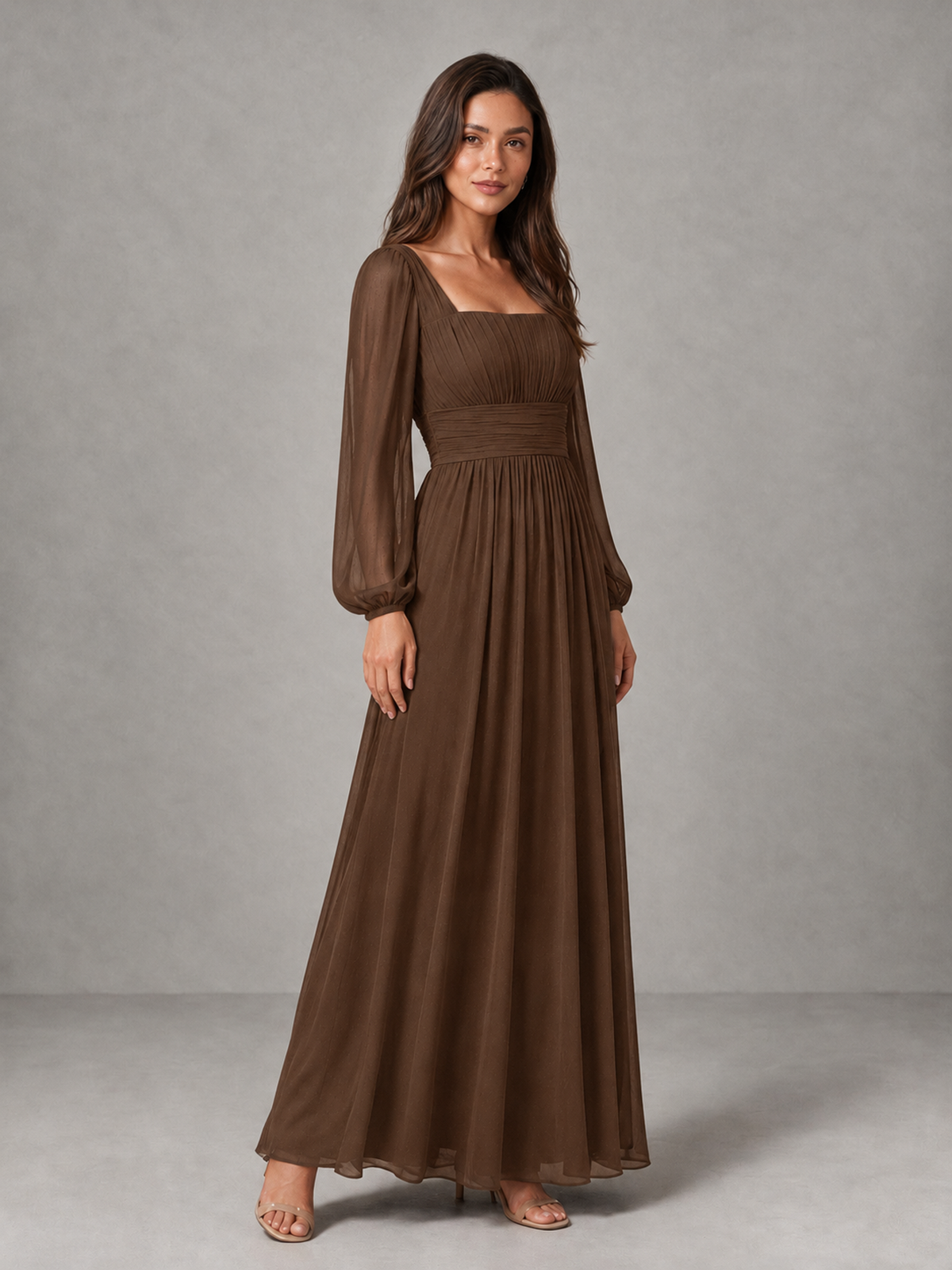 BOLODOO Brown Square Neck Long Sleeve Chiffon Bridesmaid Dress - Brown - Brown_3