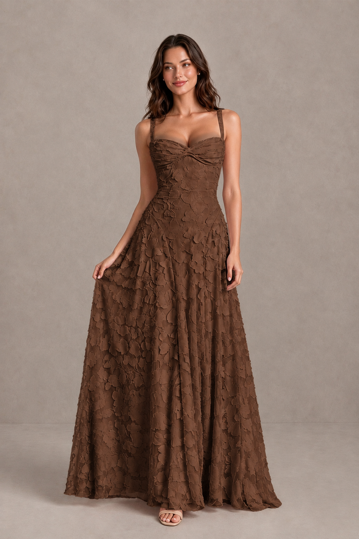 BOLODOO Brown Floral-Textured A-Line Dress with Lace-Up Back - Brown - Brown_3