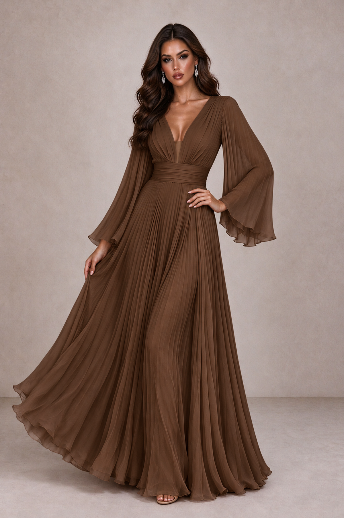 BOLODOO Brown Pleated Deep V-Neck Long Bell Sleeve Evening Dress - Brown - Brown_3