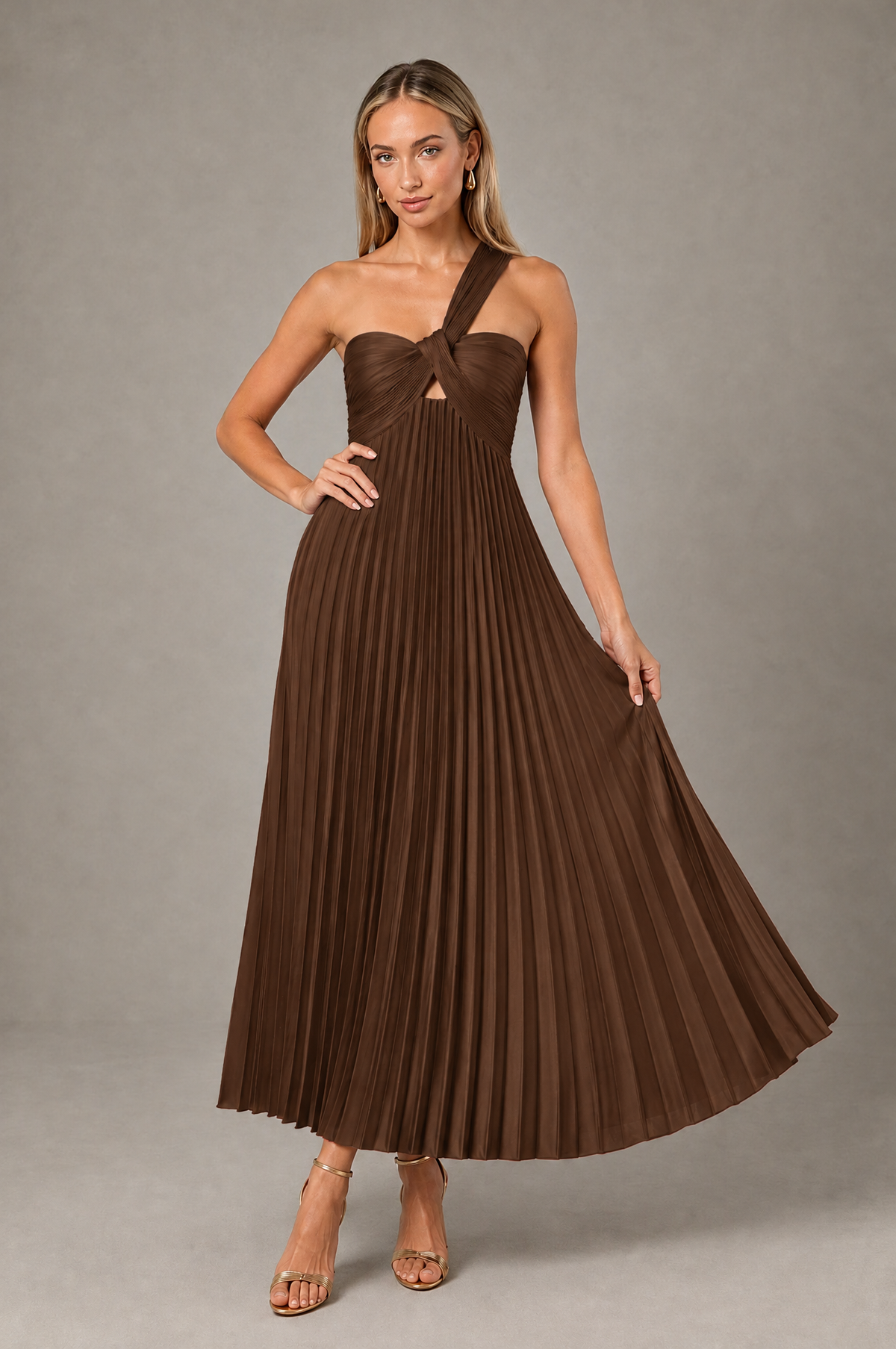 BOLODOO Brown One-Shoulder Twist Knot Pleated Satin Midi Dress with Cutout - Brown - Brown_4