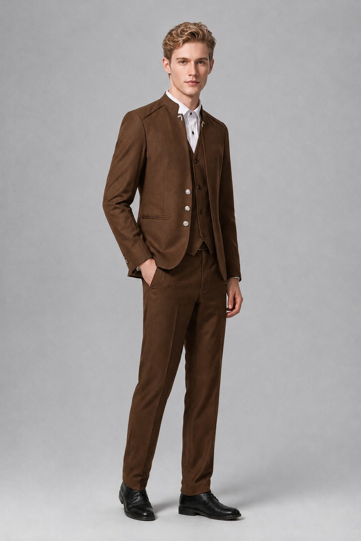 Bolodoo Men's Brown Mandarin Collar 3-Piece Suit – Jacket, Vest & Trousers - Brown - Brown_4