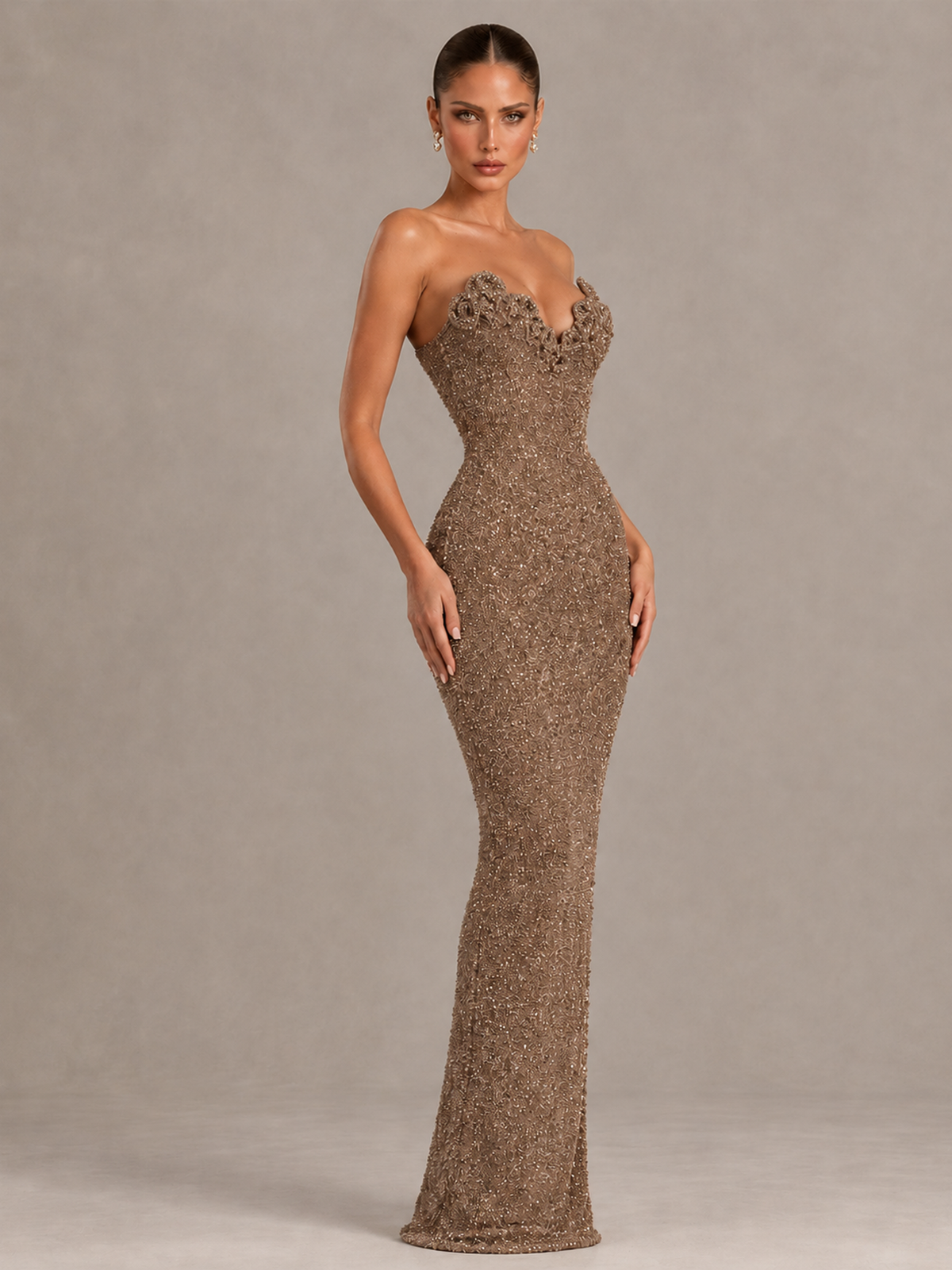 BOLODOO Brown Strapless Sequin Evening Gown with Floral Neckline - Brown - Brown_4