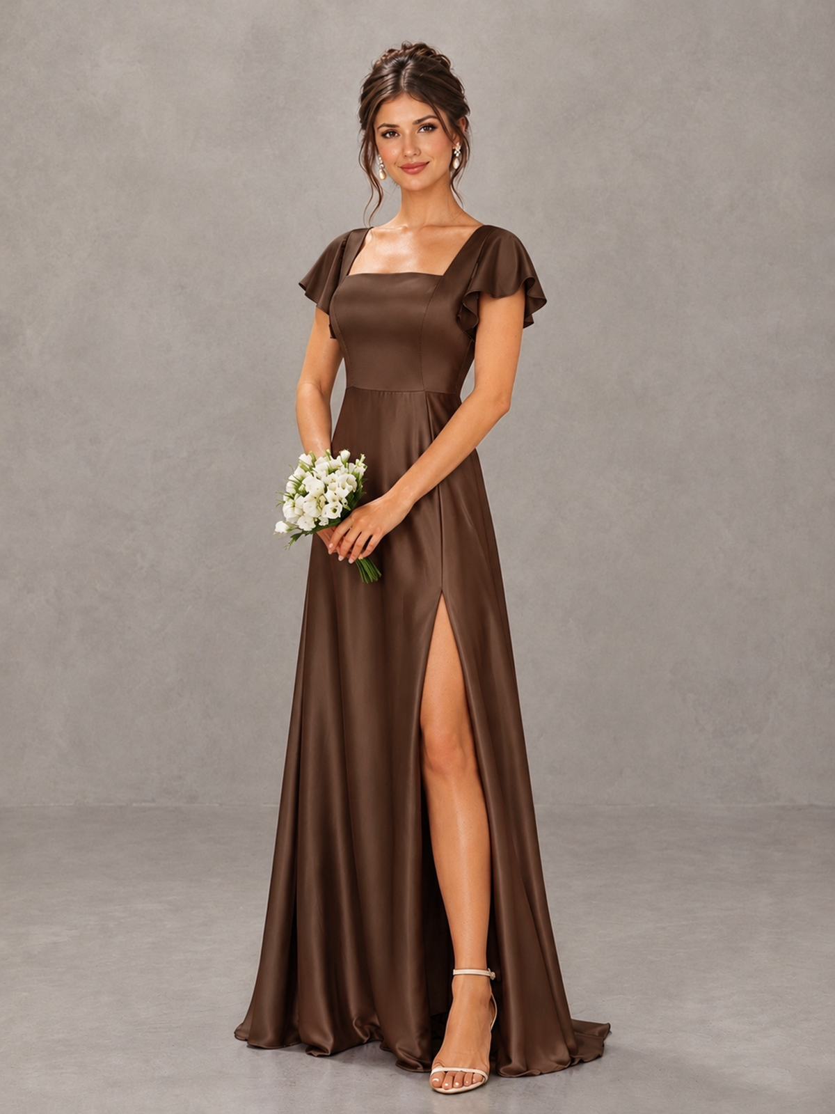 BOLODOO Brown Satin Square Neck Flutter Sleeve A-Line Bridesmaid Dress with Slit - Brown - Brown_4