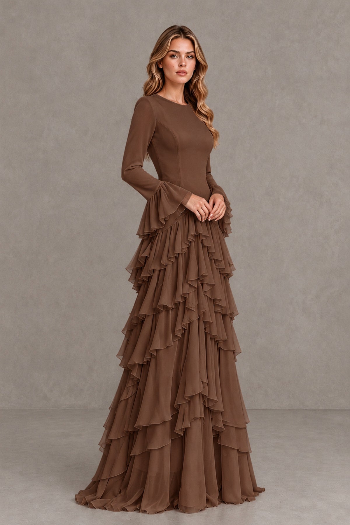 Brown Long Sleeve Tiered Ruffle Evening Gown - Brown - Brown_4