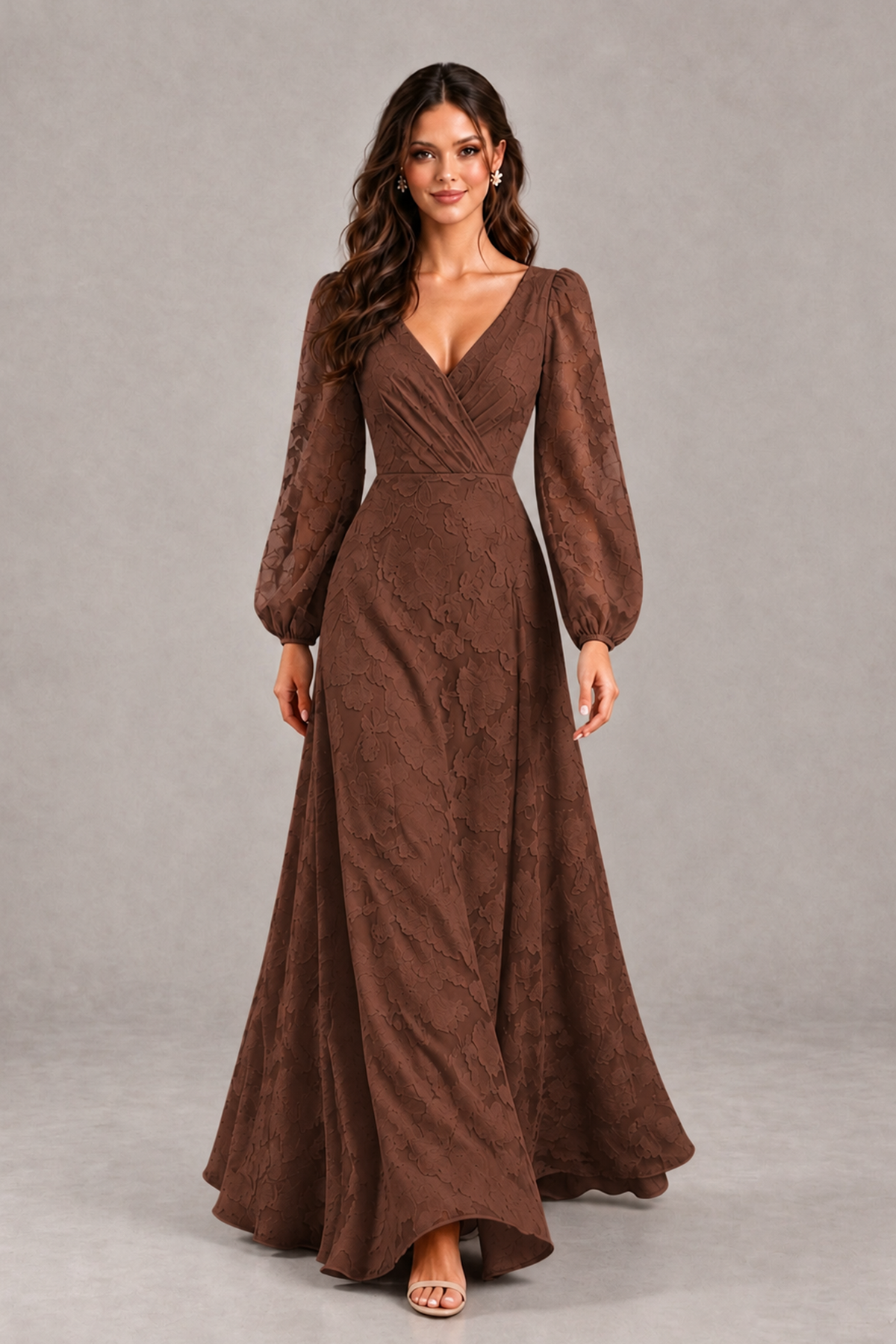 BOLODOO Brown Long Sleeve V-Neck A-Line Mother of the Bride Dress - Brown - Brown_4