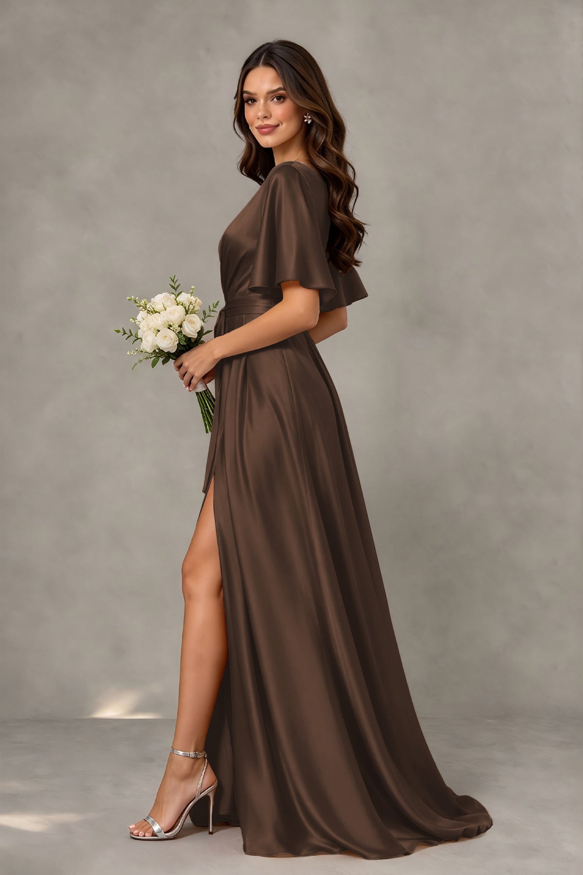 BOLODOO Brown Satin V-Neck Flutter Sleeve Bridesmaid Dress with Slit - Brown - Brown(4)