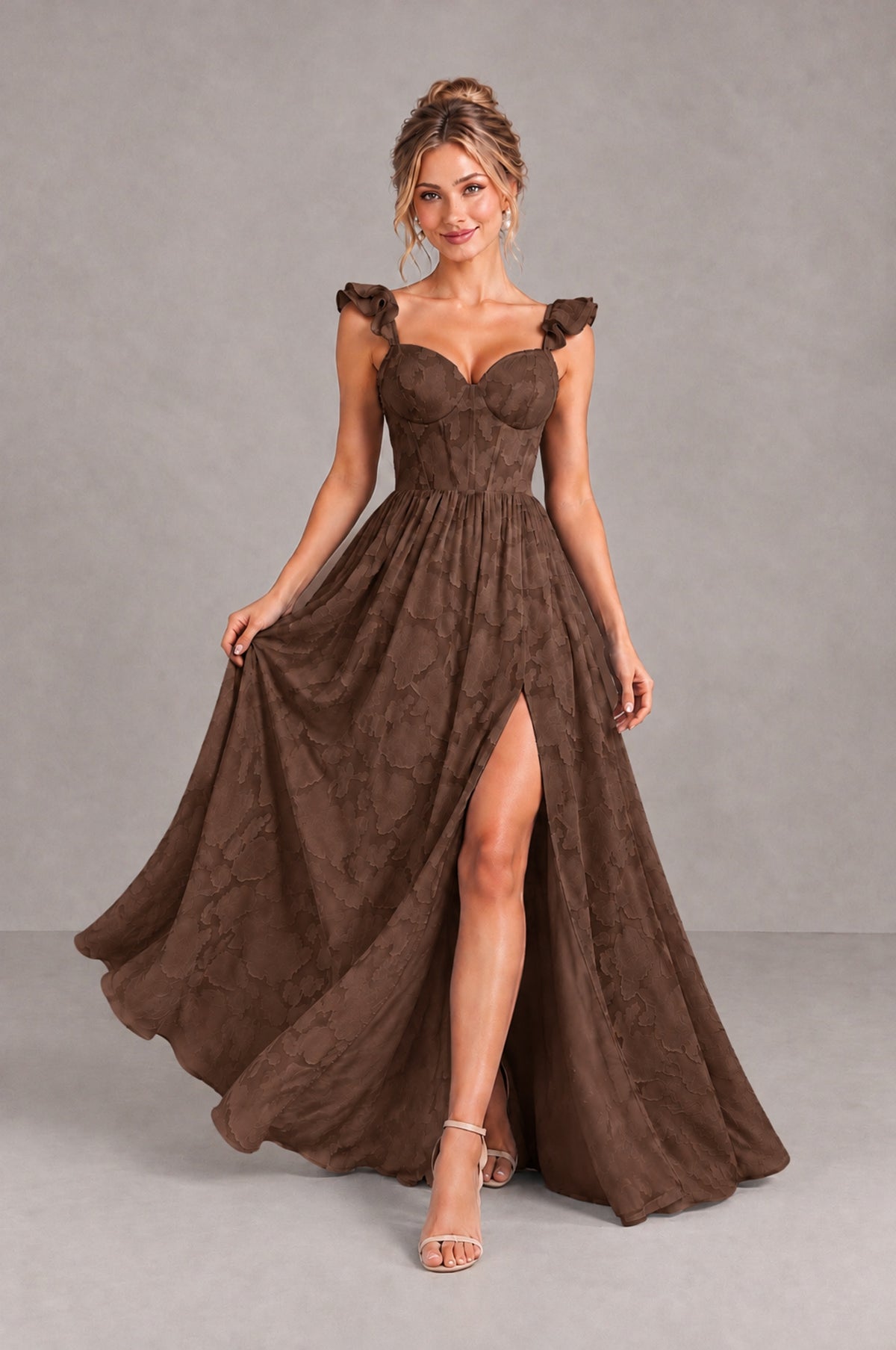 BOLODOO Brown Floral A-Line Bridesmaid Dress with Slit Ruffle Straps Maxi Gown - Brown - Brown_4