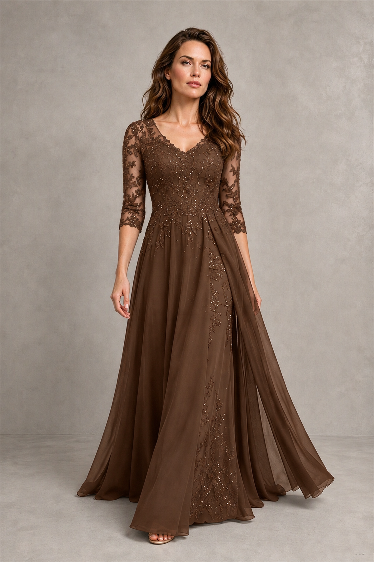 BOLODOO Midnight Brown Beaded Lace Appliqué Chiffon A-Line Gown | Mother of the Bride & Formal Evening Dress - Brown - Brown_4