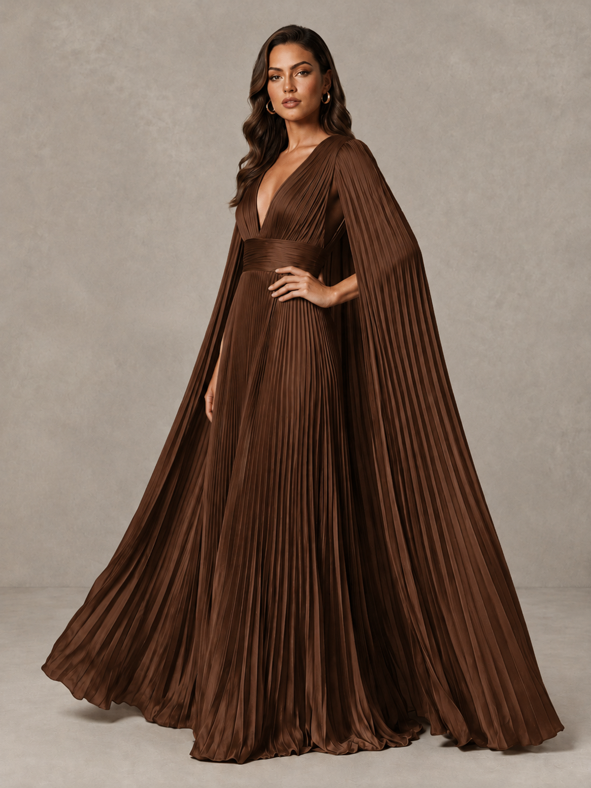 BOLODOO Brown Deep V-Neck Pleated Cape Sleeve Evening Gown - Brown - Brown_4