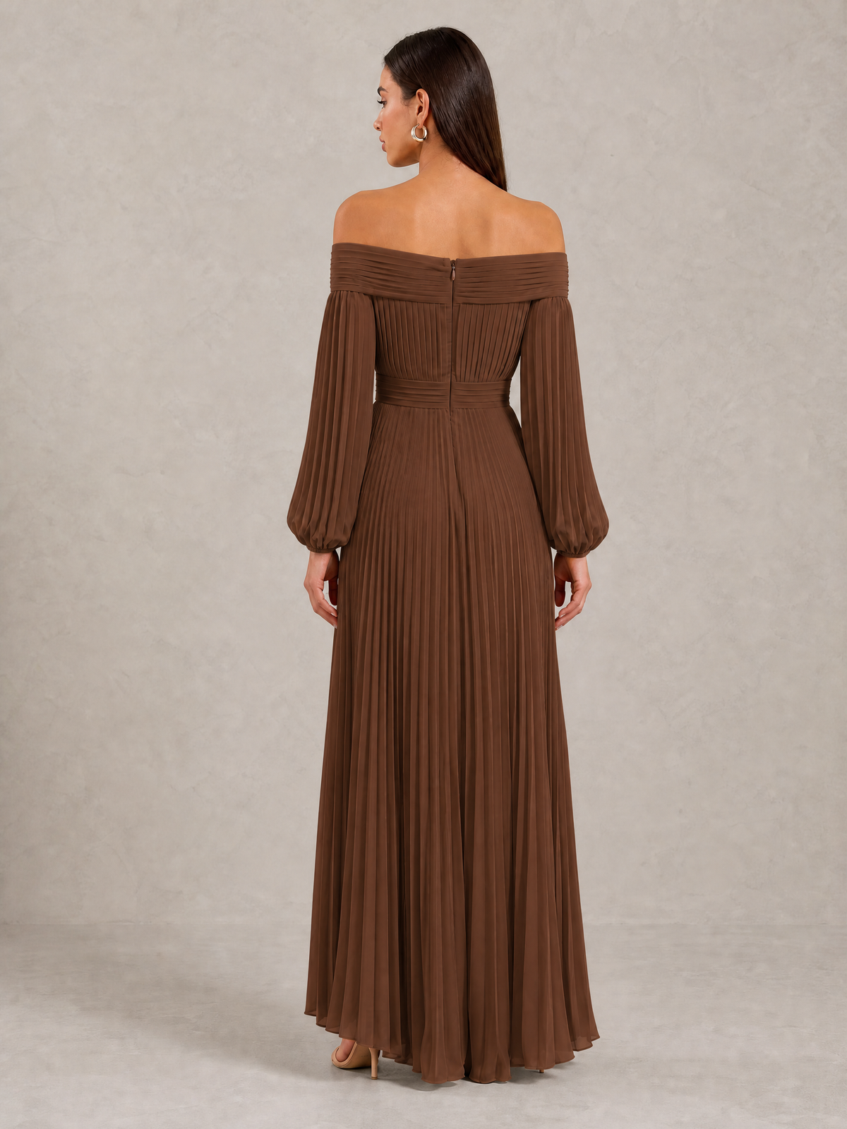 BOLODOO Brown Off-Shoulder Long Sleeve Pleated High-Low Dress - Brown - Brown_4