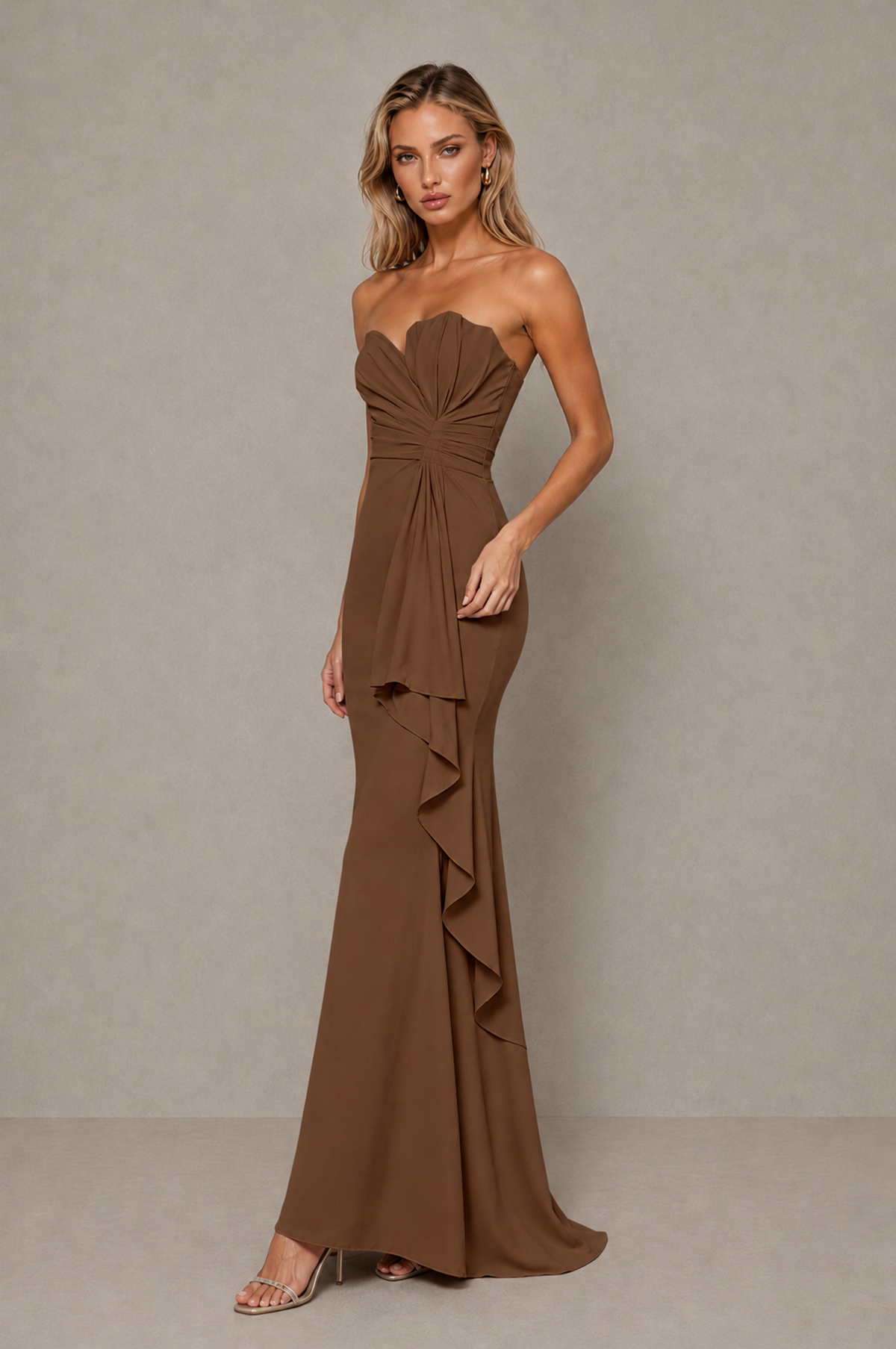 BOLODOO Brown Strapless Sweetheart Ruched Mermaid Gown | Cascade Drape Formal Evening Dress - Brown - Brown_4