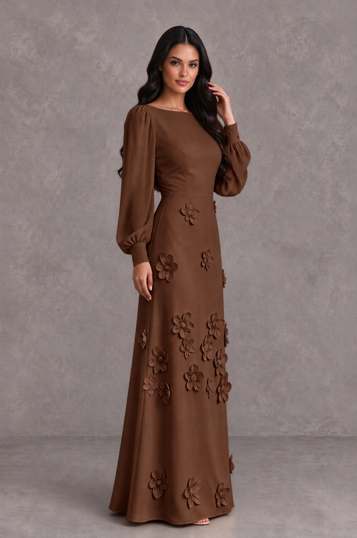 BOLODOO Brown Long Sleeve Floral Applique A-Line Evening Dress - Brown - Brown_4