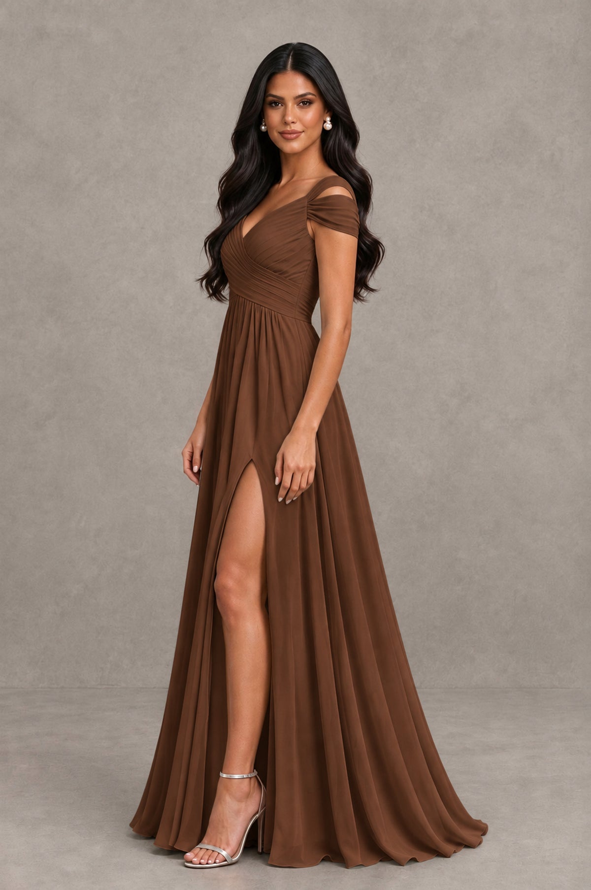BOLODOO Brown Cold Shoulder Chiffon Evening Dress with V Neck and High Slit - Brown - Brown_4