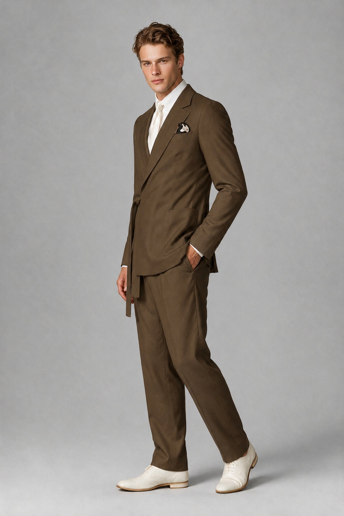 Bolodoo Men's Brown Wrap Tie-Waist Two-Piece Suit – Jacket & Trousers - Brown - Brown_4