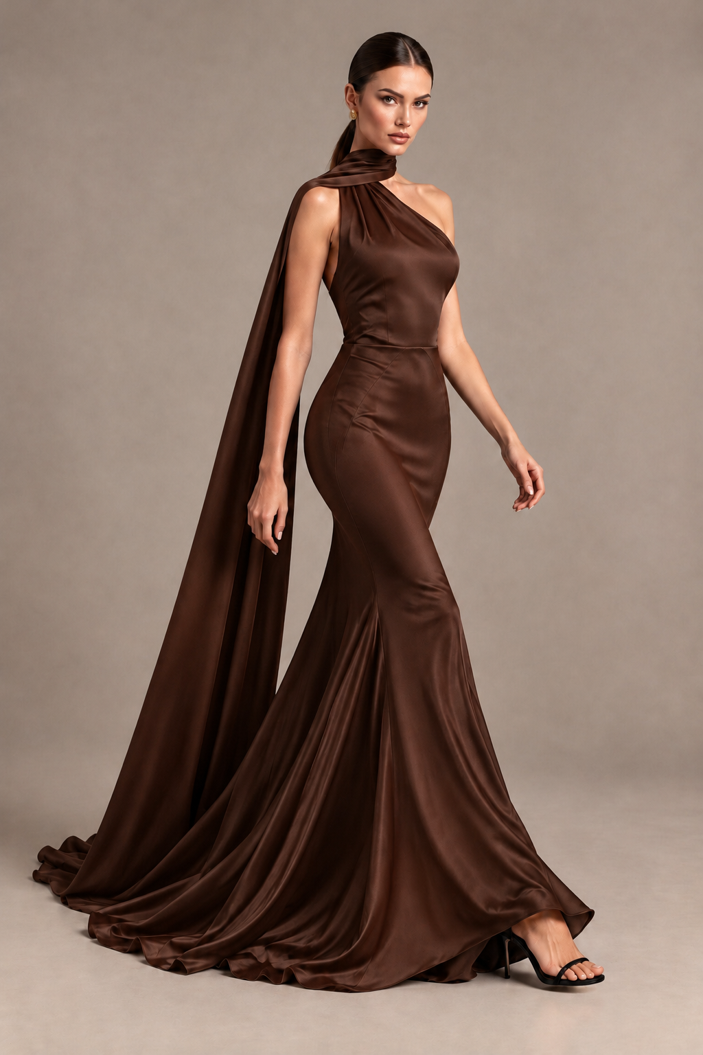 BOLODOO Brown One-Shoulder Satin Mermaid Evening Dress with Scarf - Brown - Brown_4
