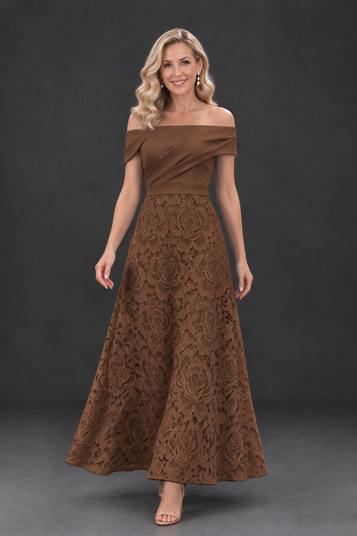 BOLODOO Brown Off-the-Shoulder Floral A-Line Mother of the Bride Dress - Brown - Brown_4