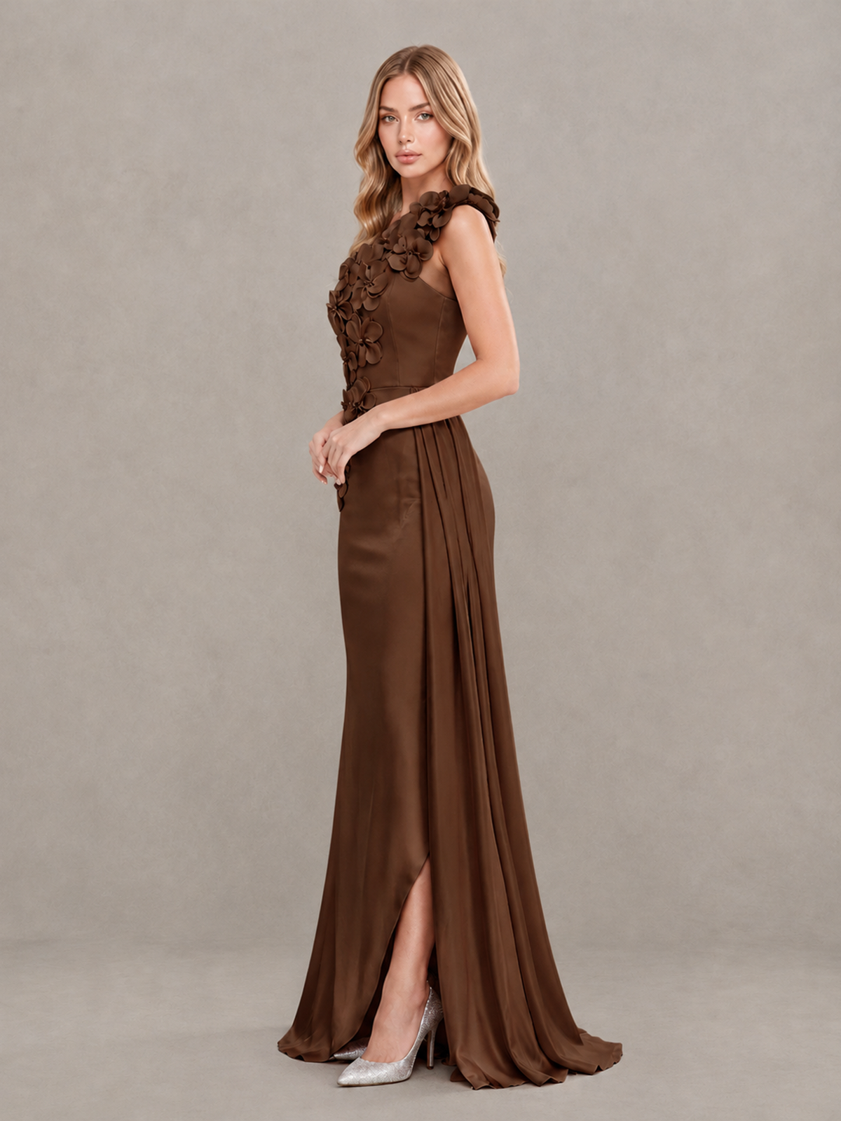 BOLODOO Brown One-Shoulder Satin Mermaid Evening Gown with 3D Floral Appliqué - Brown - Brown_4
