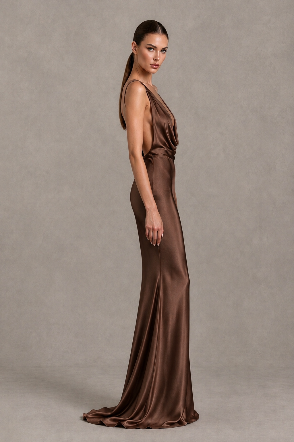 BOLODOO Brown Cowl Neck Backless Satin Mermaid Evening Dress - Brown - Brown_4