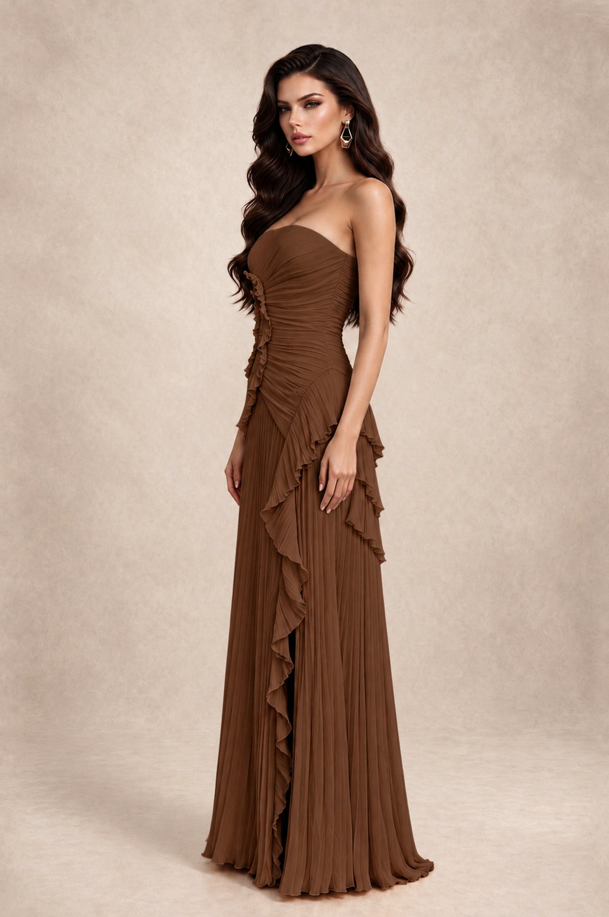 BOLODOO Brown Strapless Ruffle Pleated Slit Evening Gown - Brown - Brown_4