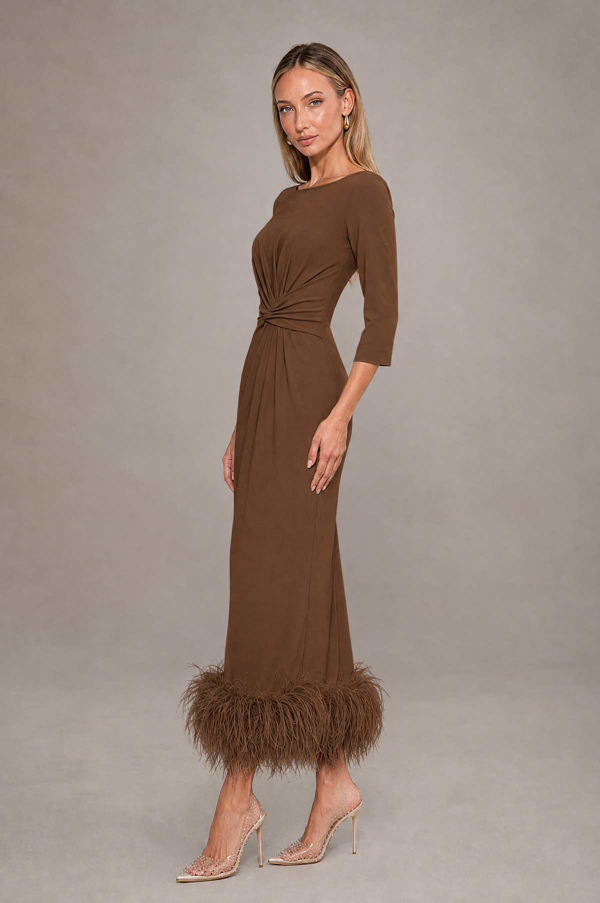 BOLODOO Brown Feather-Trim Twist-Waist Midi Dress - Brown - Brown_4