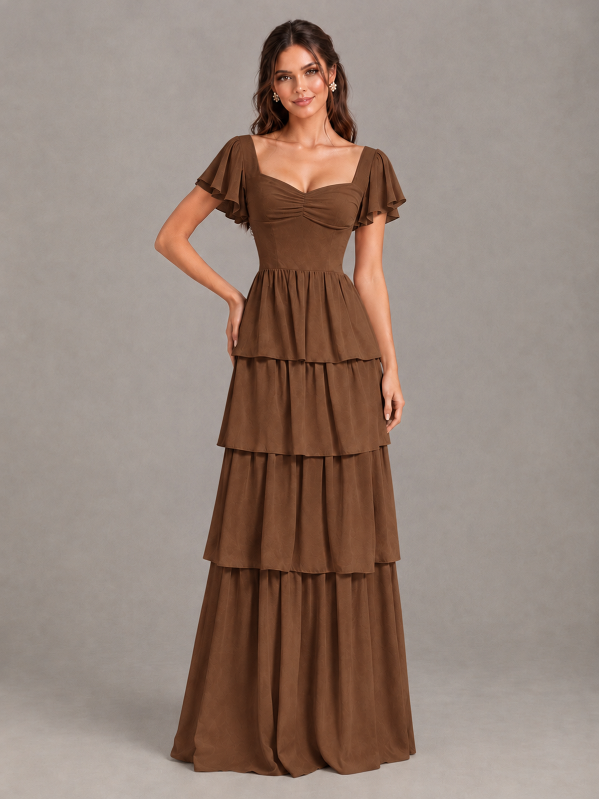 BOLODOO Brown Flutter Sleeve Tiered Maxi Bridesmaid Dress - Brown - Brown_4