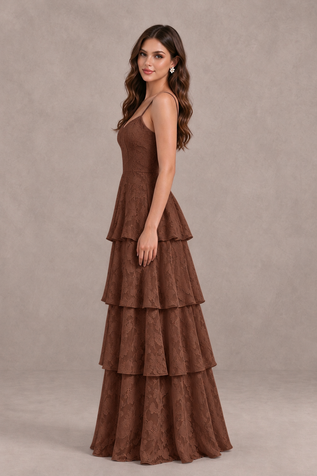 BOLODOO Brown Tiered Floral-Textured Spaghetti Strap Maxi Dress - Brown - Brown_4