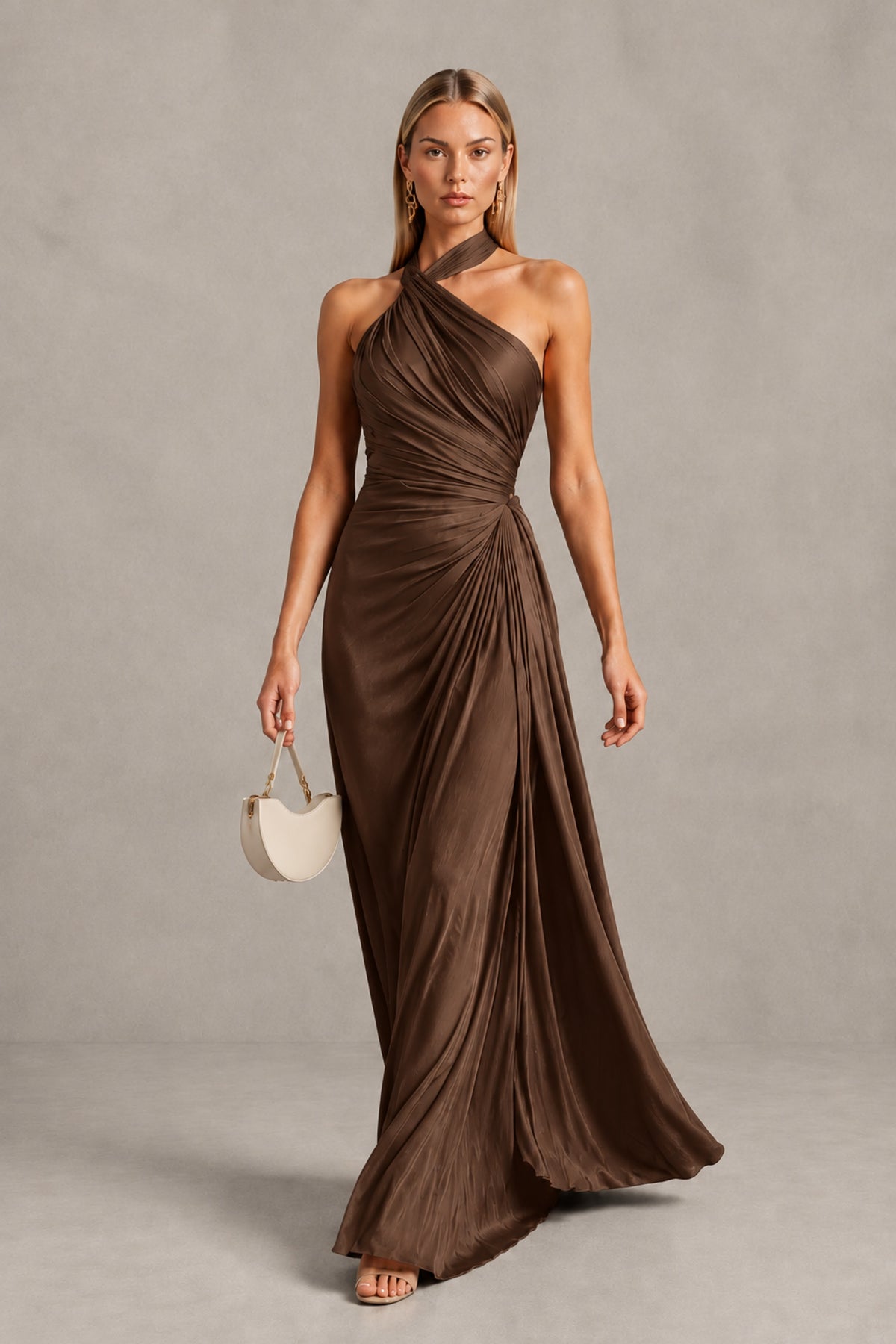 BOLODOO Brown Twisted Halter Neck Ruched Sleeveless Open Back Floor-Length Gown - Brown - Brown_4