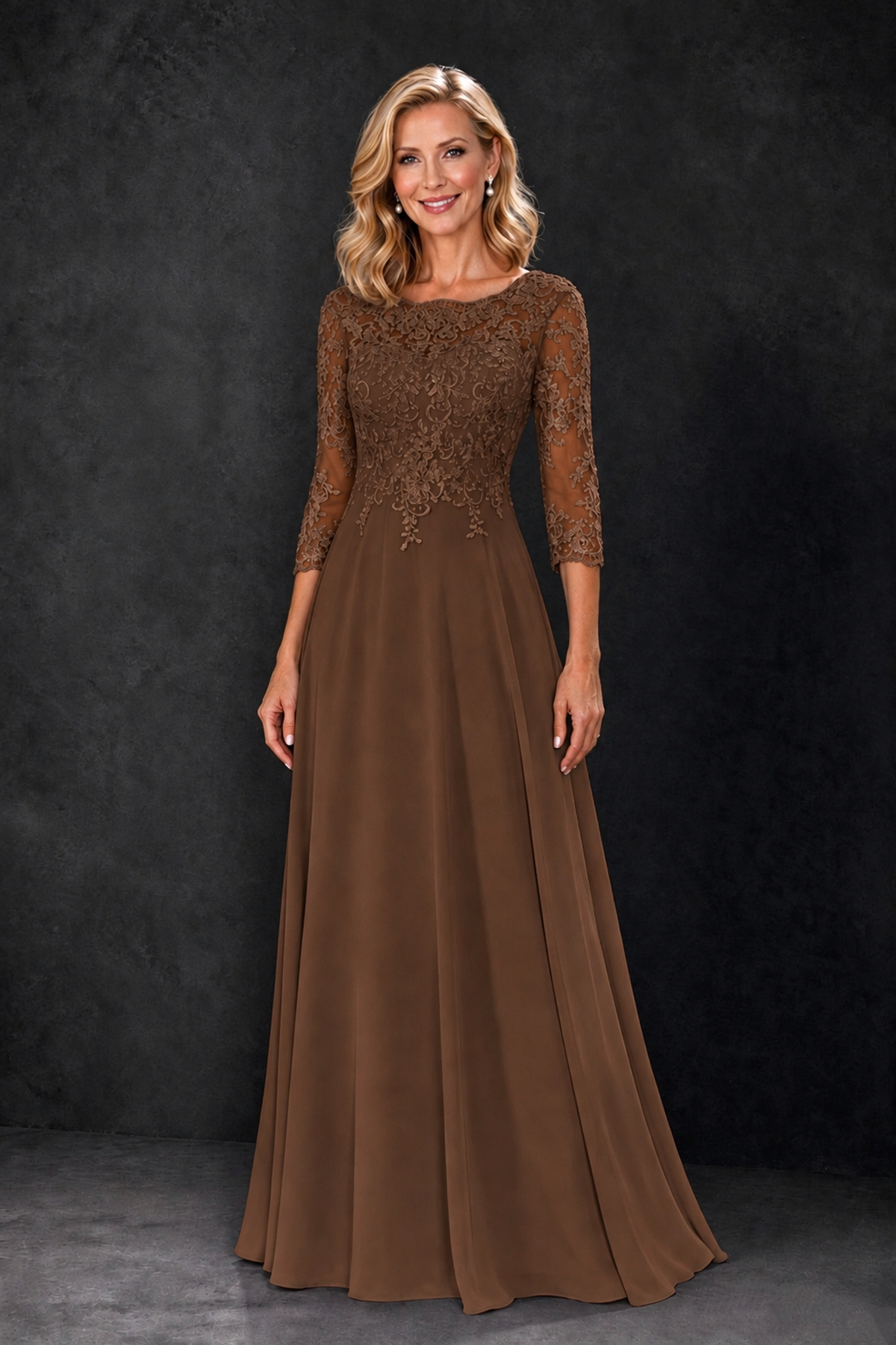 BOLODOO Brown Lace Embroidered Mother of the Bride Dress with 3/4 Sleeves - Brown - Brown_4