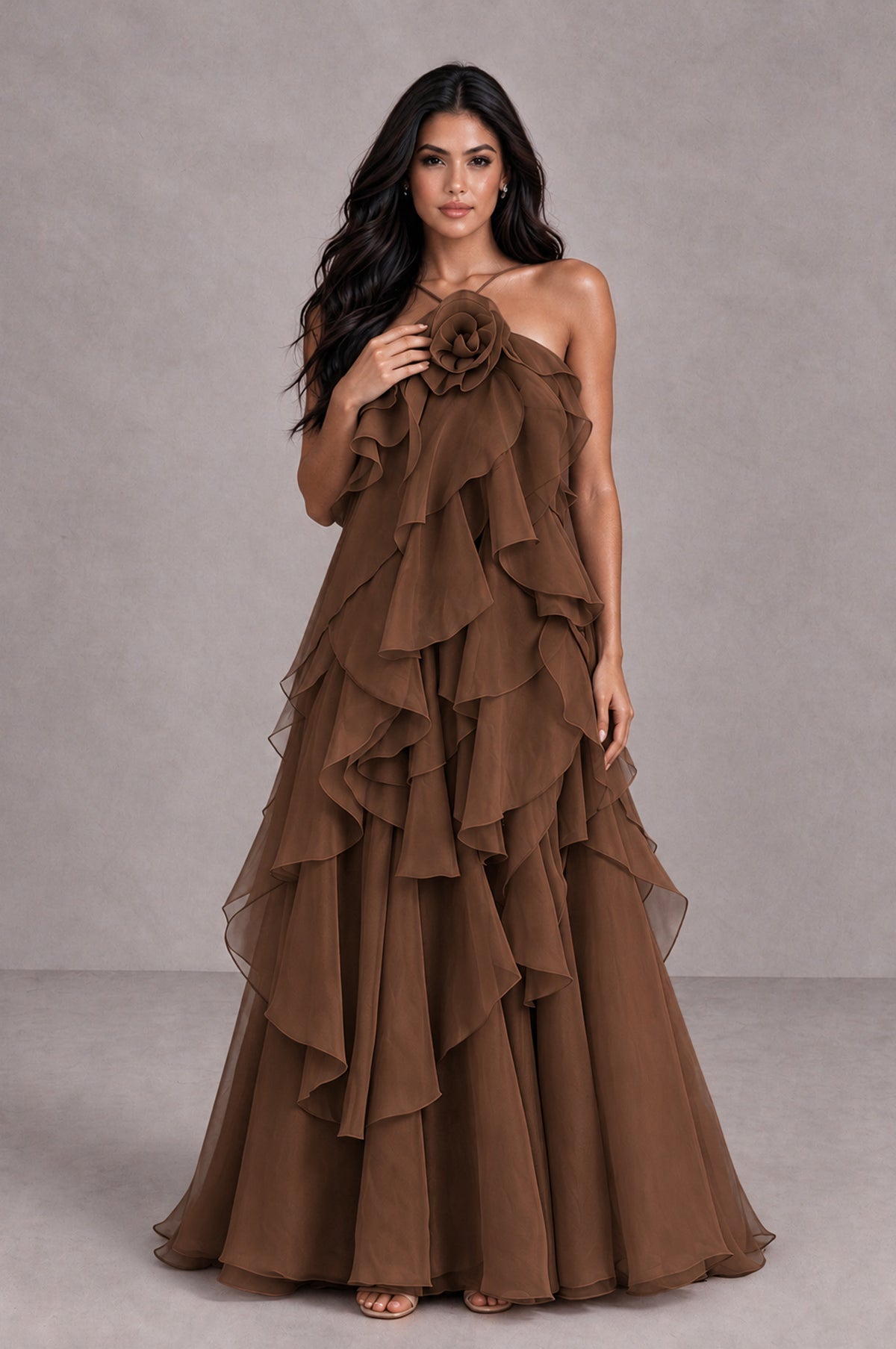 BOLODOO Brown Cascading Ruffle Rosette Open-Back Maxi Dress - Brown - Brown_4