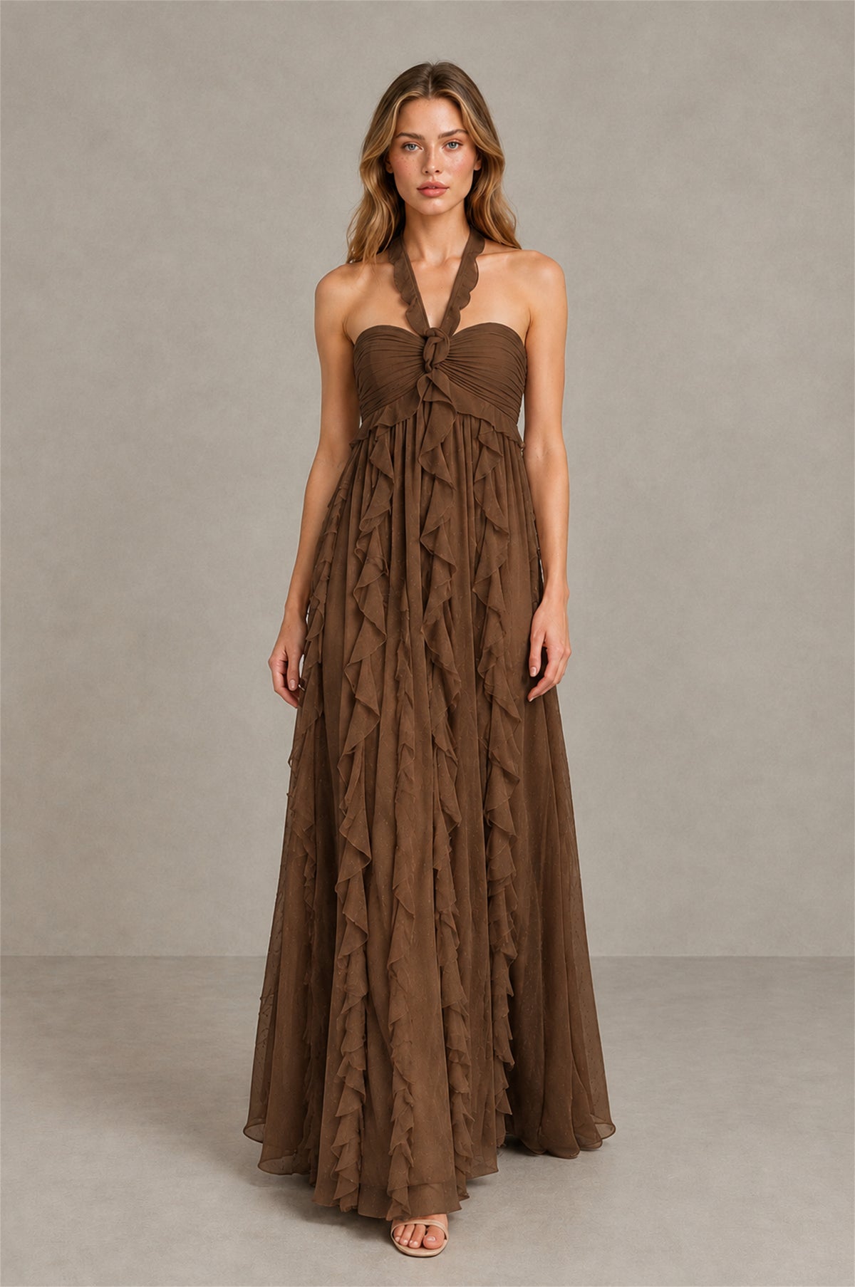 BOLODOO Brown Halter Ruffle A-Line Floor-Length Evening Dress - Brown - Brown_4