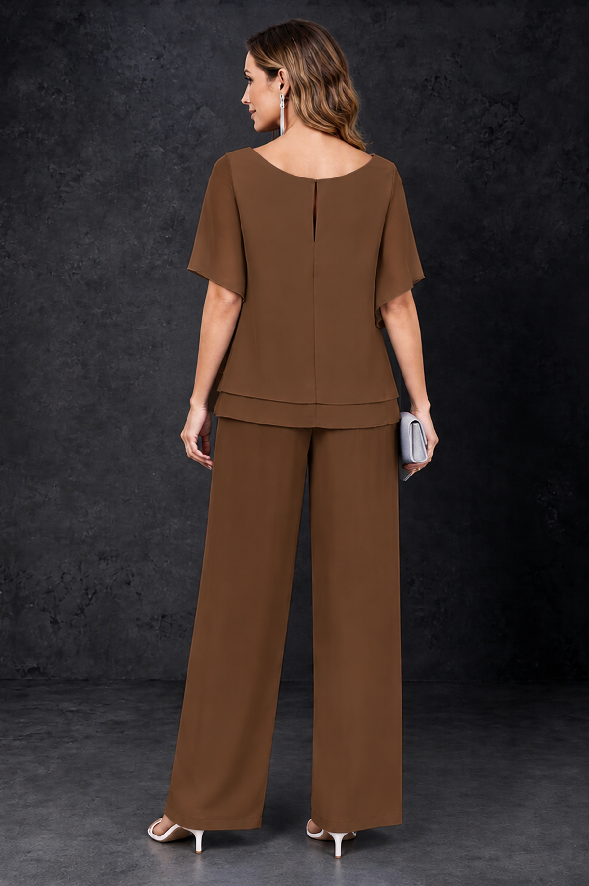 BOLODOO Brown Layered Chiffon-Look Mother of the Bride Pantsuit - Brown - Brown_4