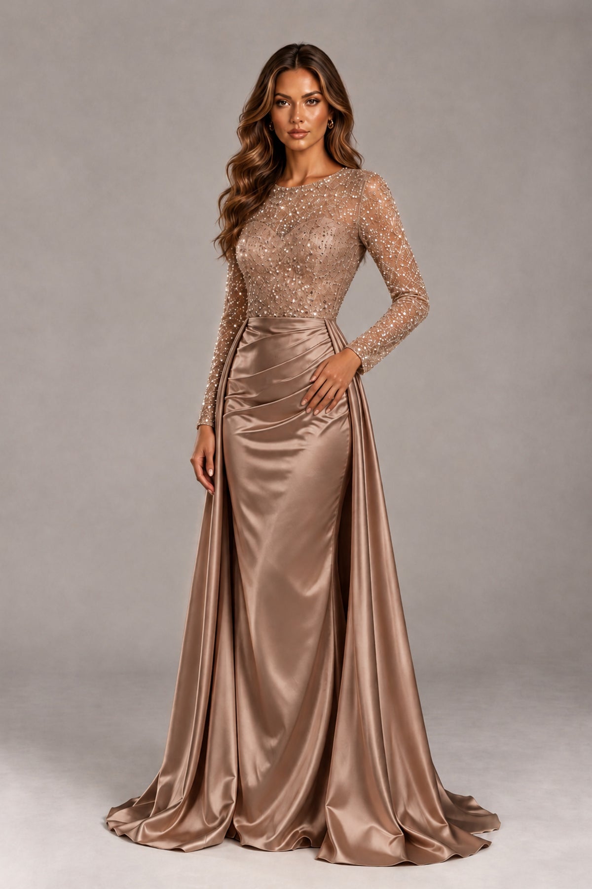 BOLODOO Brown Long Sleeve Embellished Satin Evening Gown with Sweep Train - Brown - Brown_4