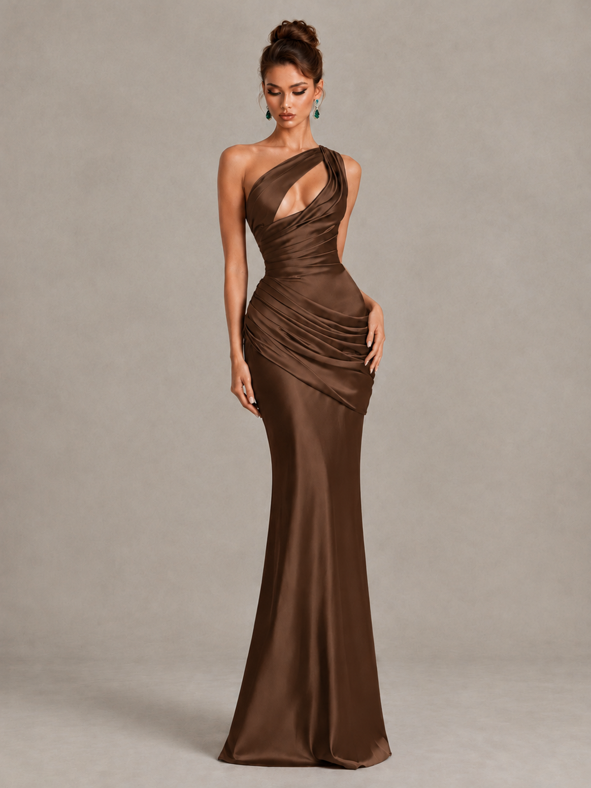 BOLODOO Brown One-Shoulder Cutout Satin Mermaid Prom Dress - Brown - Brown_4