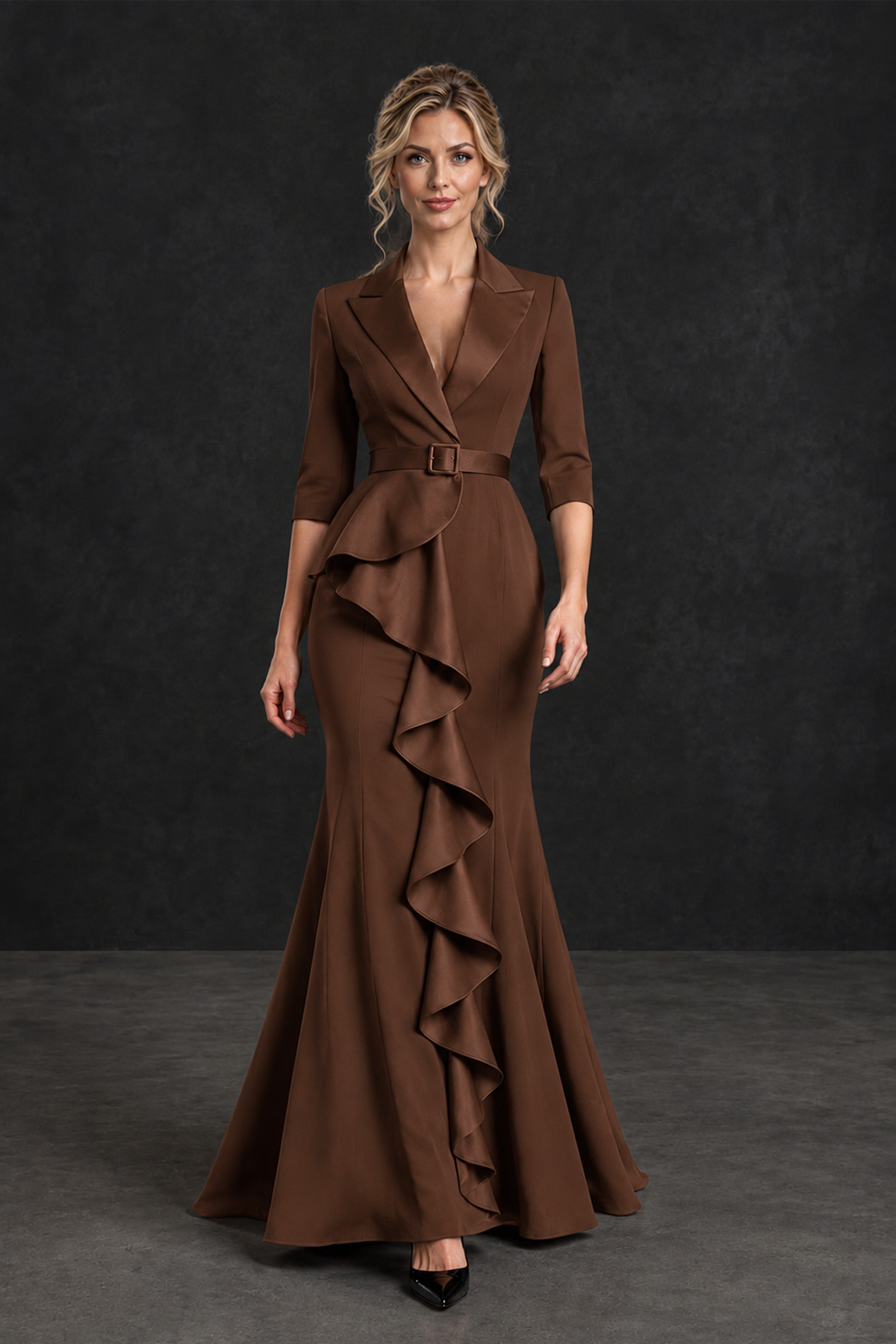 BOLODOO Brown Lapel Ruffle Mother of the Bride Dress with Belt - Brown - Brown_4