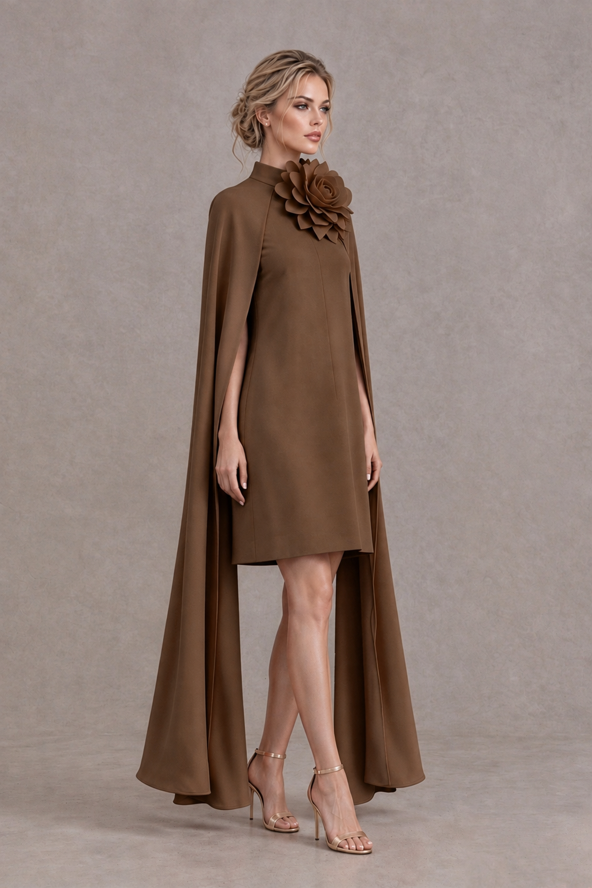 BOLODOO Brown High Neck Floral Cape Mini Cocktail Dress - Brown - Brown_4