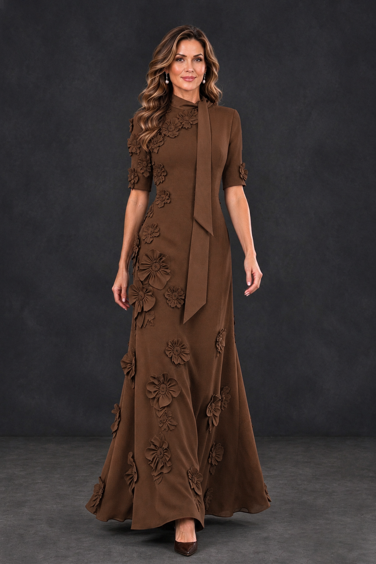BOLODOO Brown Floral Applique High-Neck Half-Sleeve Gown - Brown - Brown_4