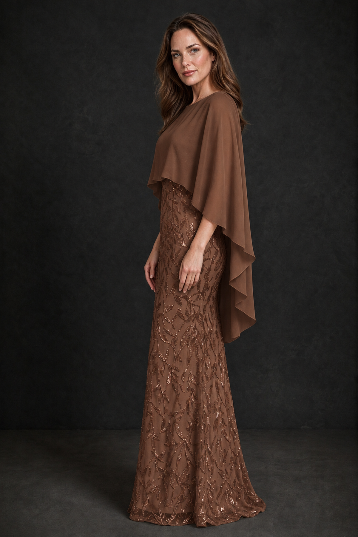 BOLODOO Brown Round Neck Chiffon Cape Overlay Sequin Lace Mermaid Maxi Dress - Brown - Brown_4