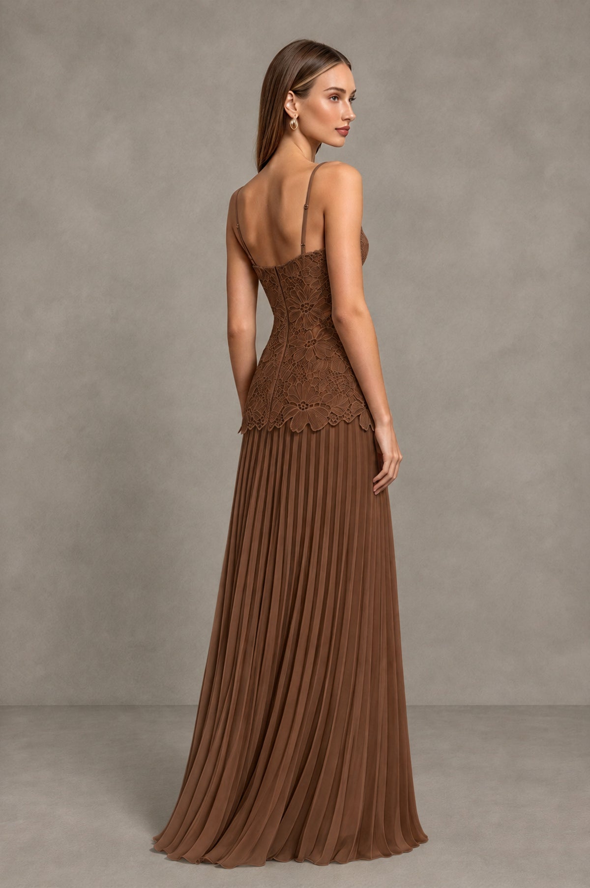 BOLODOO Brown Lace Bodice Pleated Wedding Guest Dress - Brown - Brown_4
