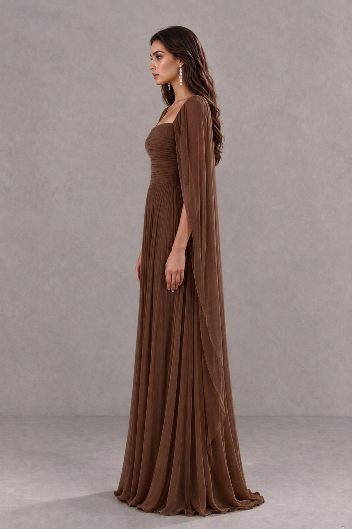 BOLODOO Brown Square Neck Cape Sleeve A-Line Evening Dress - Brown - Brown_4