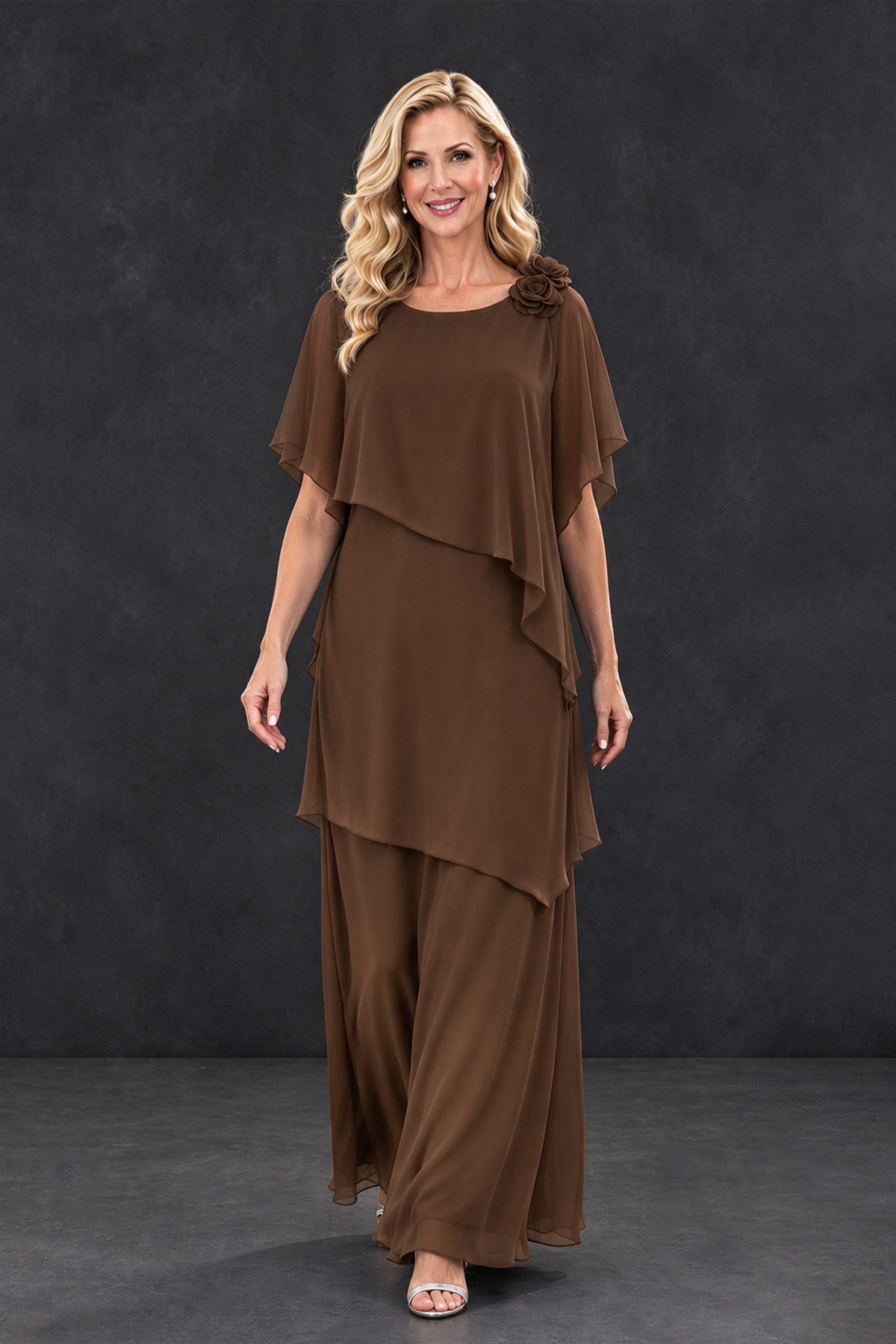 BOLODOO Brown Tiered Flutter Sleeve Mother of the Bride Maxi Dress - Brown - Brown_4
