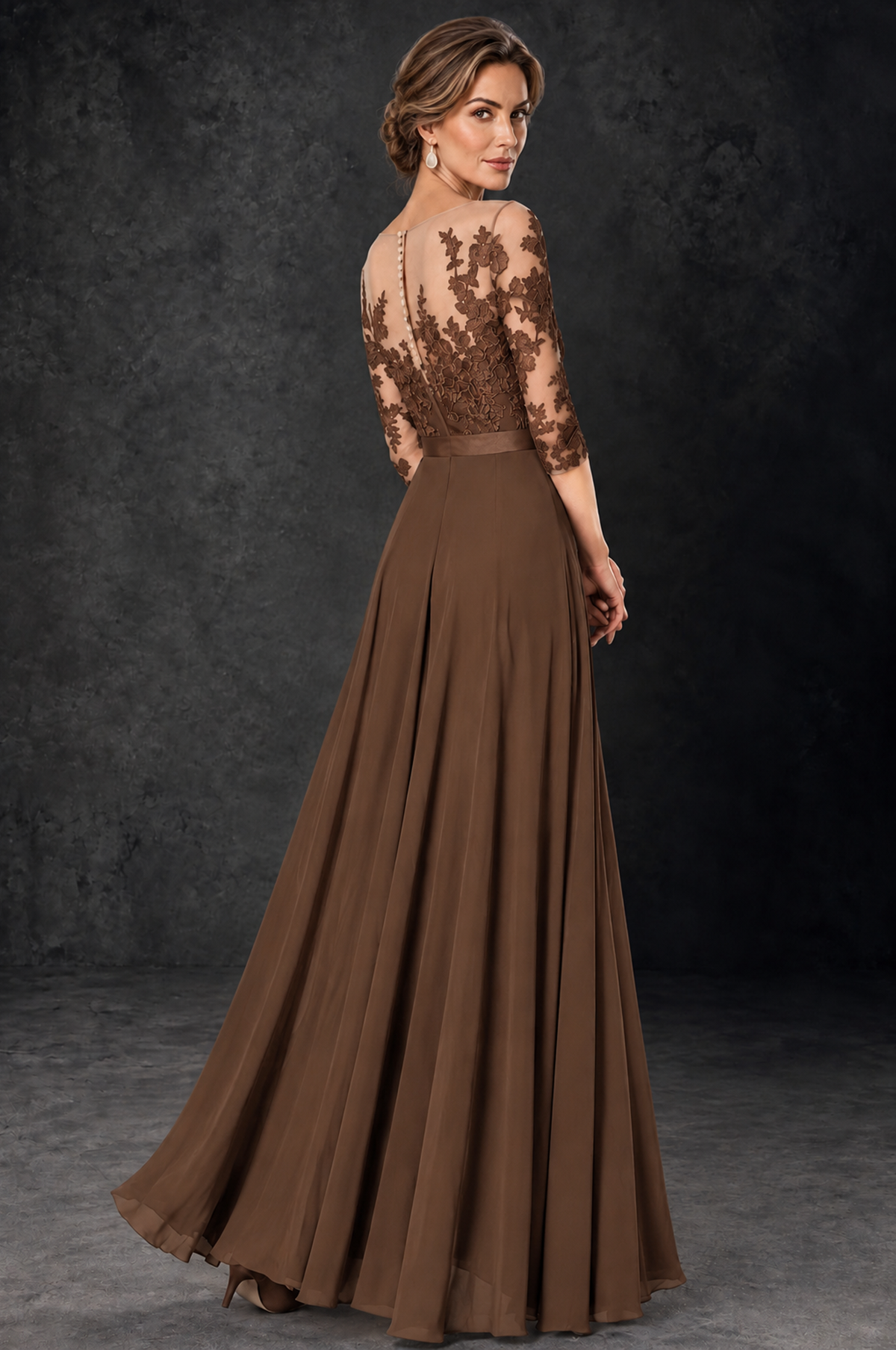 BOLODOO Brown Lace Wide-Leg Jumpsuit with Three-Quarter Sleeves - Brown - Brown_4